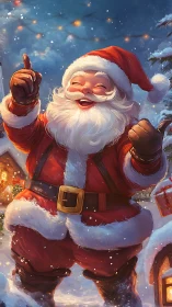 Jubilant Santa Claus in stylized winter village under warm lights