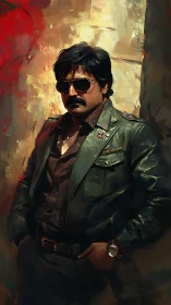 Man in dark aviators and leather jacket against abstract wall.