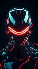Futuristic black combat robot with red neon visor lighting.