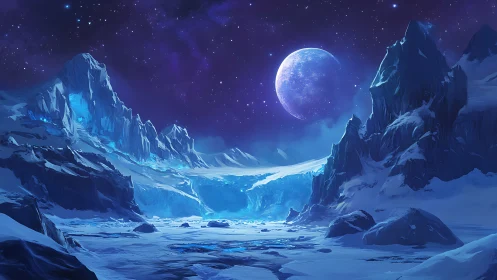 Moonlit glacier gorge on a distant sapphire iceworld.