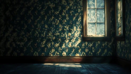Dusty window light cuts across decayed patterned wallpaper.