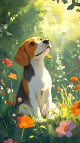 Tricolor beagle in wildflower meadow under filtered light.