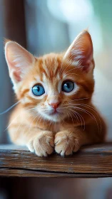 Orange and white tabby kitten with striking blue eyes on wooden surface.