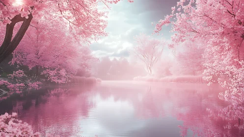 Sakura-lined river reflects soft pastel spring light.
