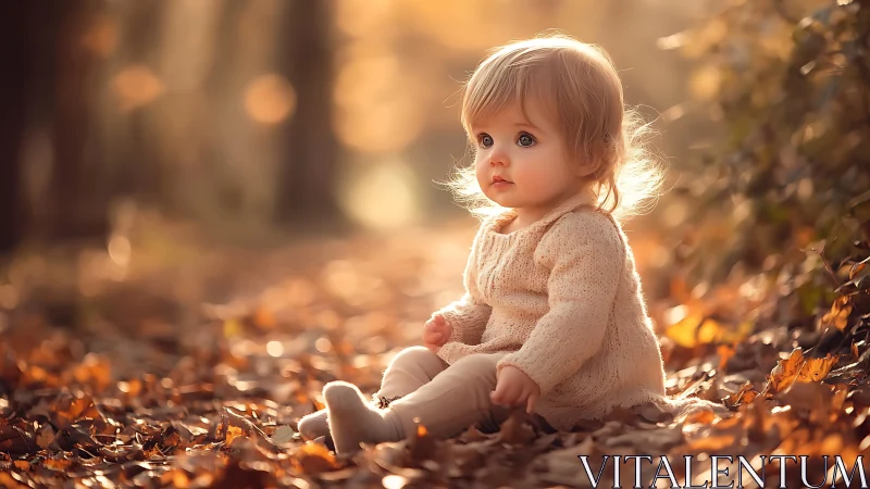 Toddler in autumn forest with warm soft golden lighting.