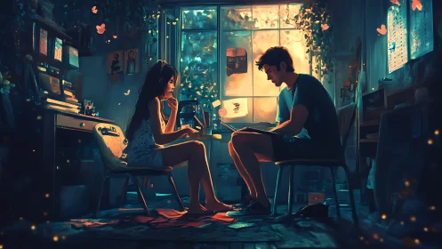 Digital composite depicting two figures in moody interior with warm tungsten illumination and cinema