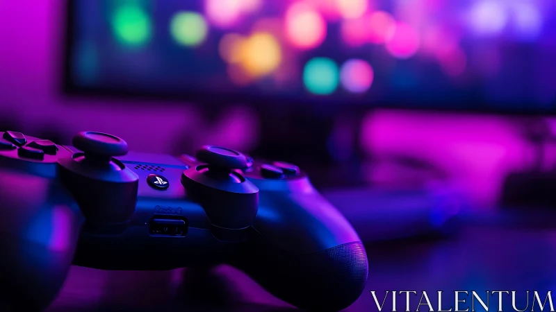 Dual-joystick game controller under neon bokeh illumination.