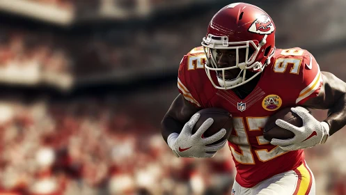 Gridiron running back in motion with dynamic stadium bokeh.