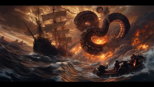 Kraken coils in firelit storm as warship and sailors clash.
