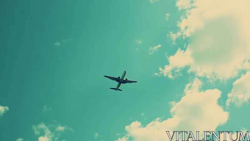 Passenger jet silhouette crossing teal sky with clouds.