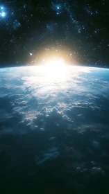 Digital sunrise over Earth horizon above cloud ocean.