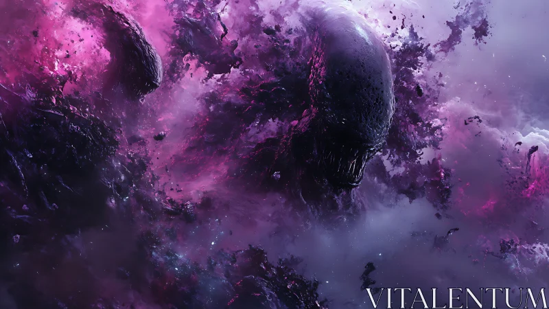 Alien creature emerging in swirling purple cosmic fog.