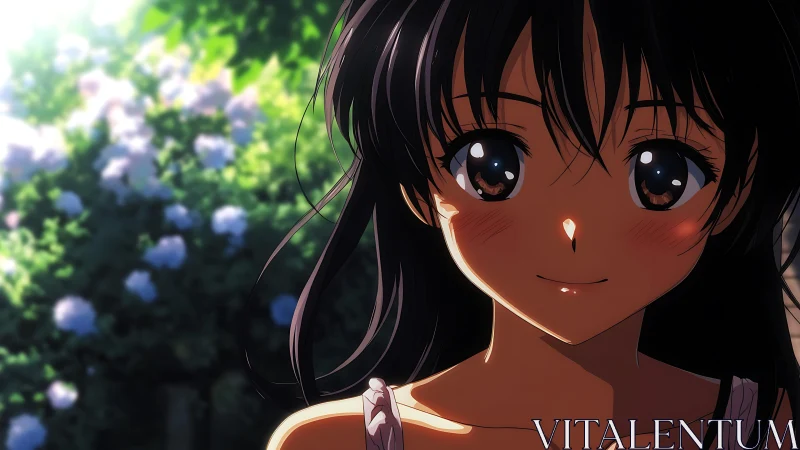 Sunlit garden smile with soft anime summer warmth.
