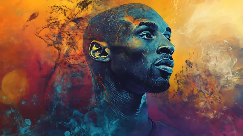 Electric blue portrait against a swirling sunset sky.