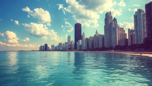 Lakefront skyline with tall glass towers and calm water.