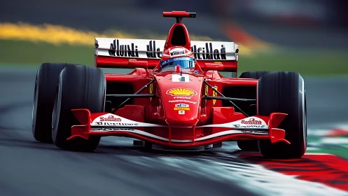 Red Formula racing car cutting apex on wet circuit.