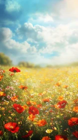 Scarlet poppies rise like tiny suns in a dreamlit meadow