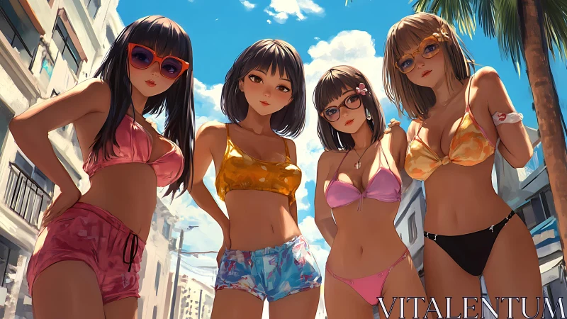 Anime beach friends in vibrant summer street scene.