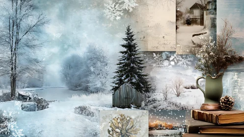 Cozy winter collage of snowy woods, memories, and quiet dreams.