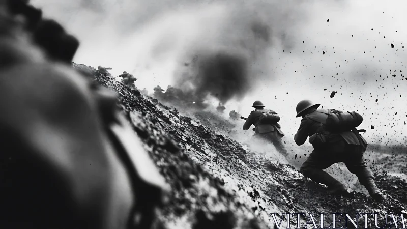 Soldiers charging uphill through exploding battlefield mud.