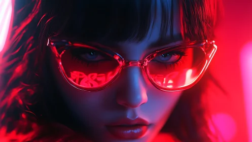 Neon lit portrait of woman in translucent red glasses.