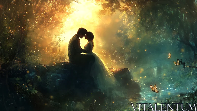 Silhouetted Couple Embracing in Luminous Forest. Magical moment amid ancient woodland, golden light 