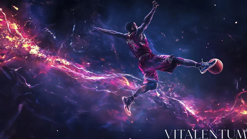 Cosmic basketball dunk with neon plasma energy trails