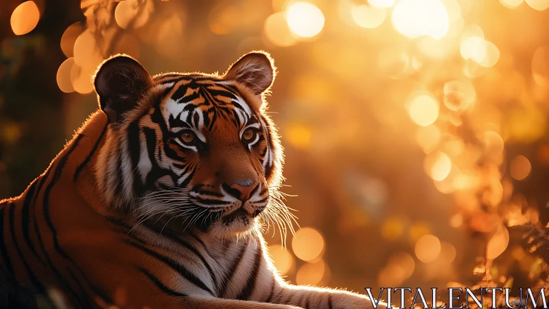 Tiger portrait under golden sunset bokeh light in forest.