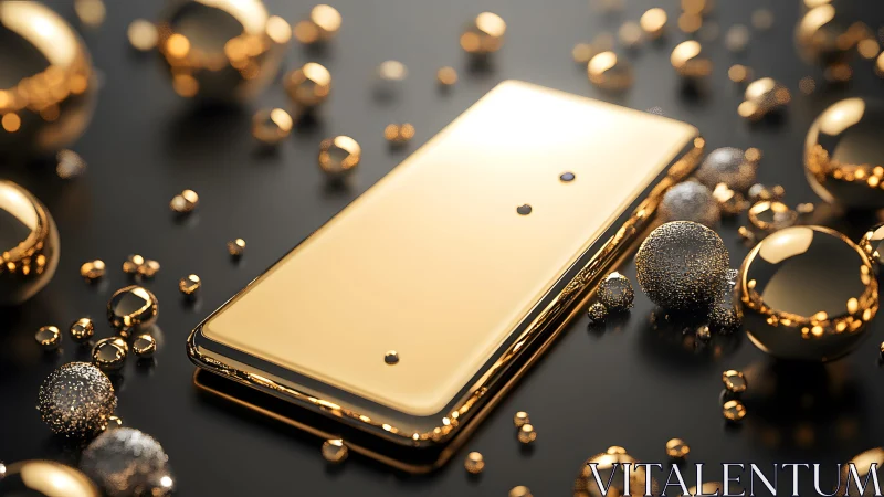 Gilded smartphone drifts through a constellation of golden orbs.