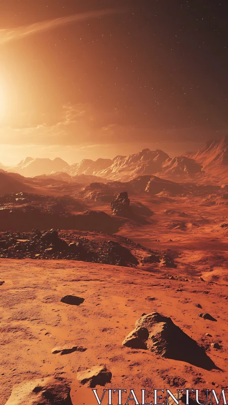 Martian dawn landscape rendered in high-detail digital painting