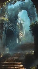 Overgrown stone stairway leading to ruined archway complex.