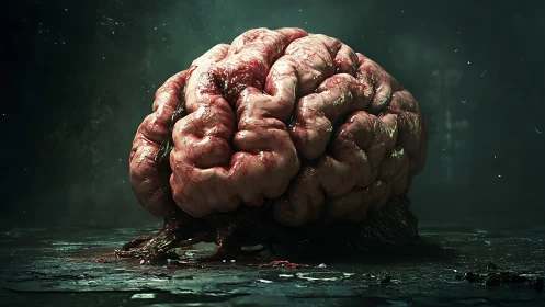 Mutated brain mass rests on organic roots in dark space