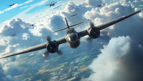 Aerial formation of twin‑engine bombers in dynamic cloudscape.