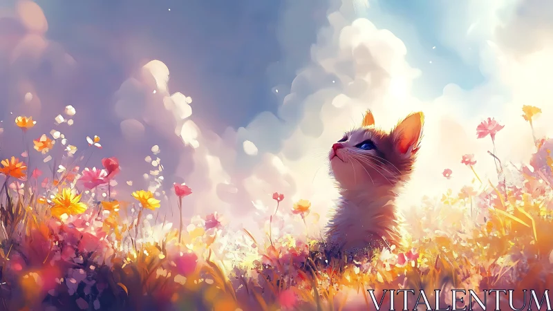 Cat gazes upward through blooms dancing in golden sunlight