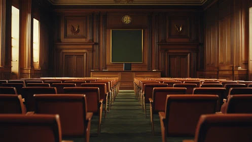 Empty wood paneled courtroom interior with aligned seats