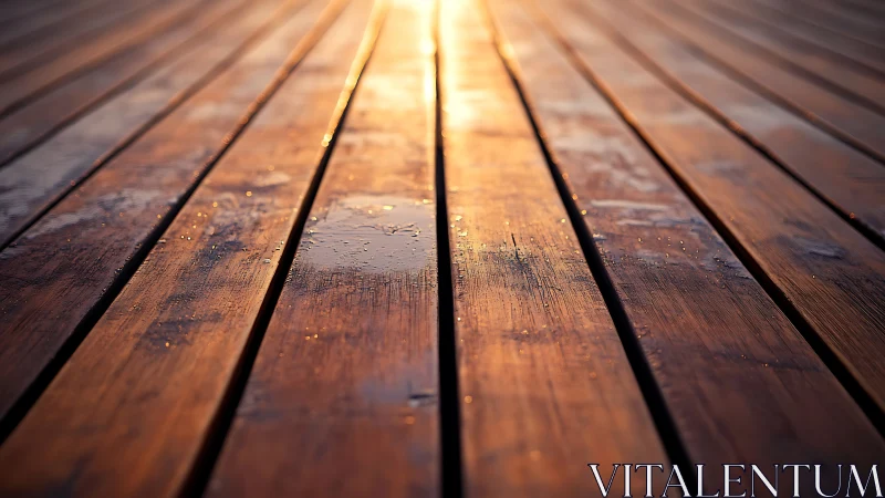Sunlit wet wooden planks with shallow depth perspective.