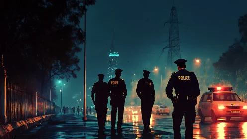 Midnight city patrol under rain-soaked neon streetscape.