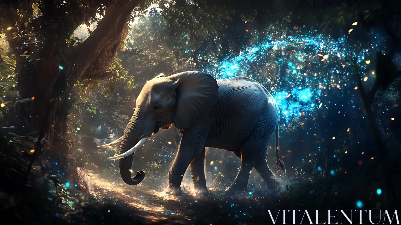 Majestic elephant crossing enchanted forest with cyan magic.