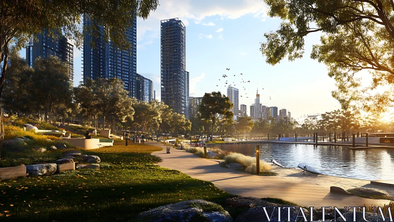 Urban Waterfront Park with Modern Skyline Architecture