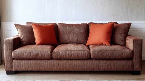 Warm rust sofa invites cozy conversation and relaxed comfort