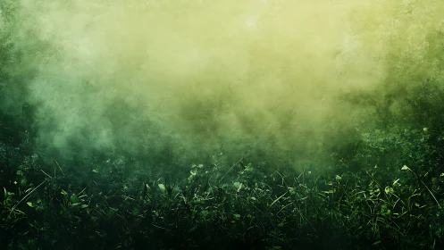 Lush green grass rises beneath a hazy golden sunrise sky