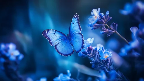 Macro study of blue butterfly on flowers in cool bokeh light