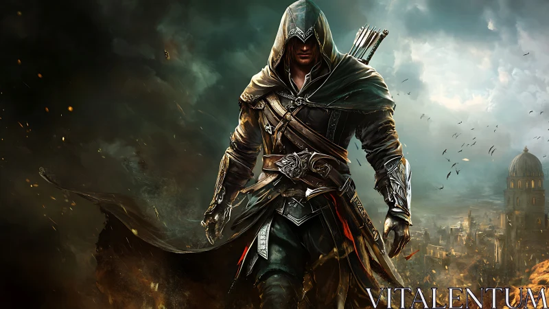 Hooded rogue strides through embers above a doomed city.