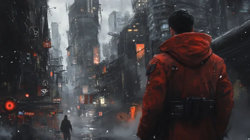 Wanderer in a neon city mist, wrapped in a red coat.