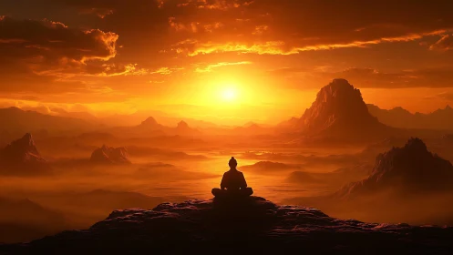Solitary meditative silhouette facing volumetric orange sunrise