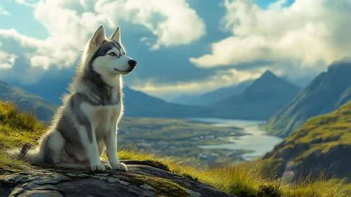 Siberian husky on alpine ridge overlooking sunlit river valley