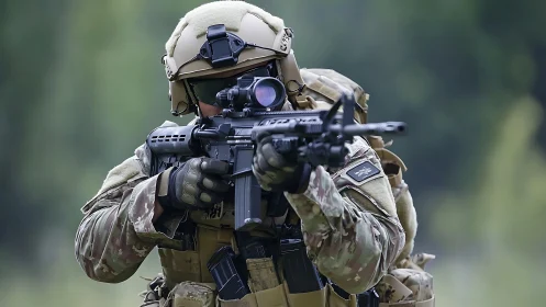 Focused soldier steadies a rifle in calm outdoor training