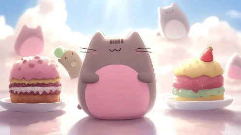Whimsical Cat Character Surrounded by Colorful Desserts.