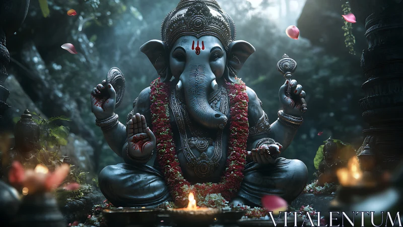 Ganesh statue in forest shrine with garlands and lamps.