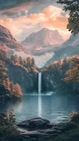 Tranquil mountain waterfall cradled by misty sunrise peaks.